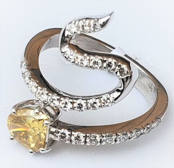 Exotic Ring With Fancy Deep Yellow Shieild 18k White Gold (1.2 CT)